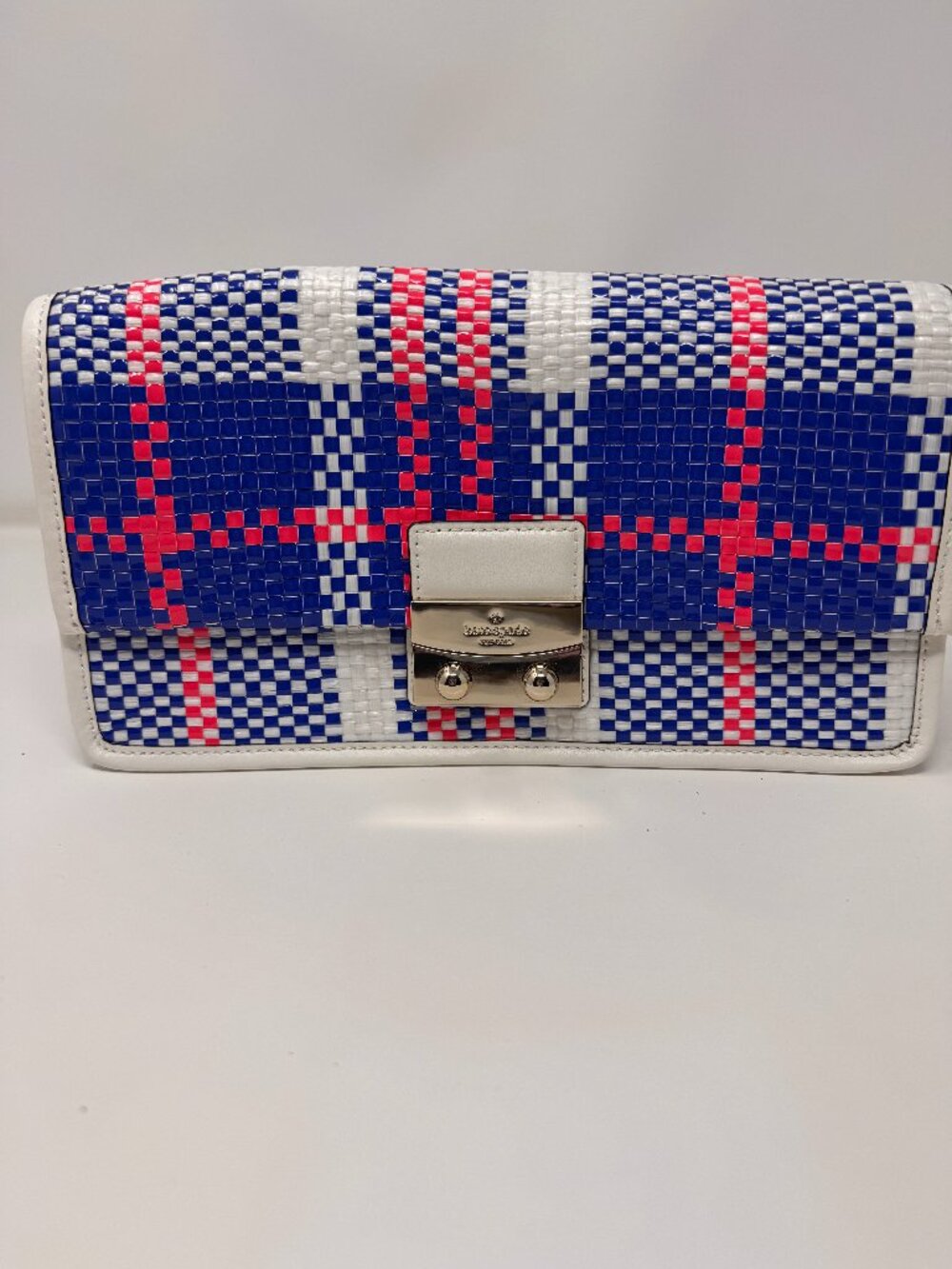 RARE Kate Spade Bay Drive Chloe Finn Clutch Blue White Red Plaid Pristine 11"